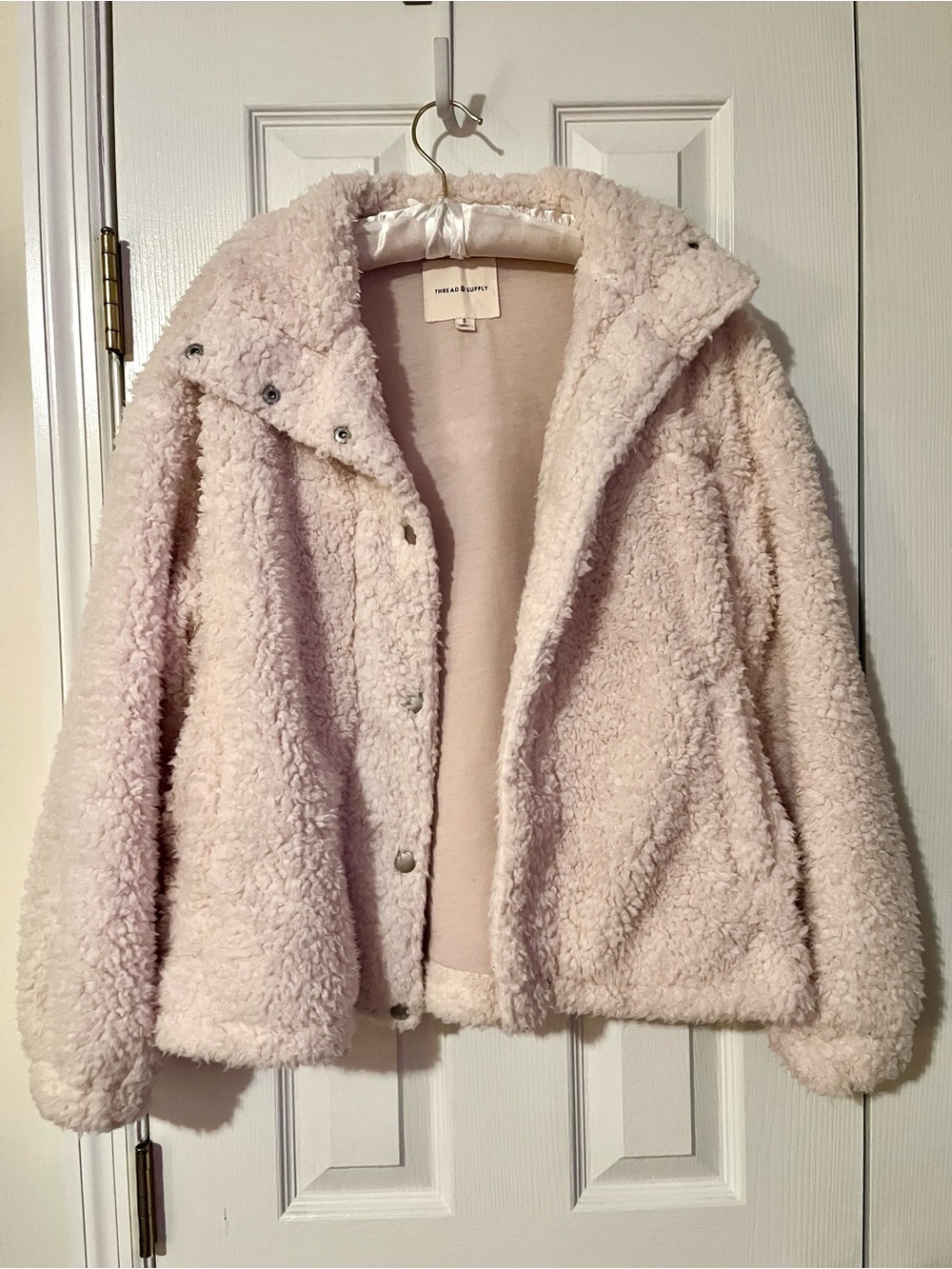 Thread & Supply Ivory Sherpa Fleece Jacket High Collar Snap Front Size Small - Picture 3 of 8